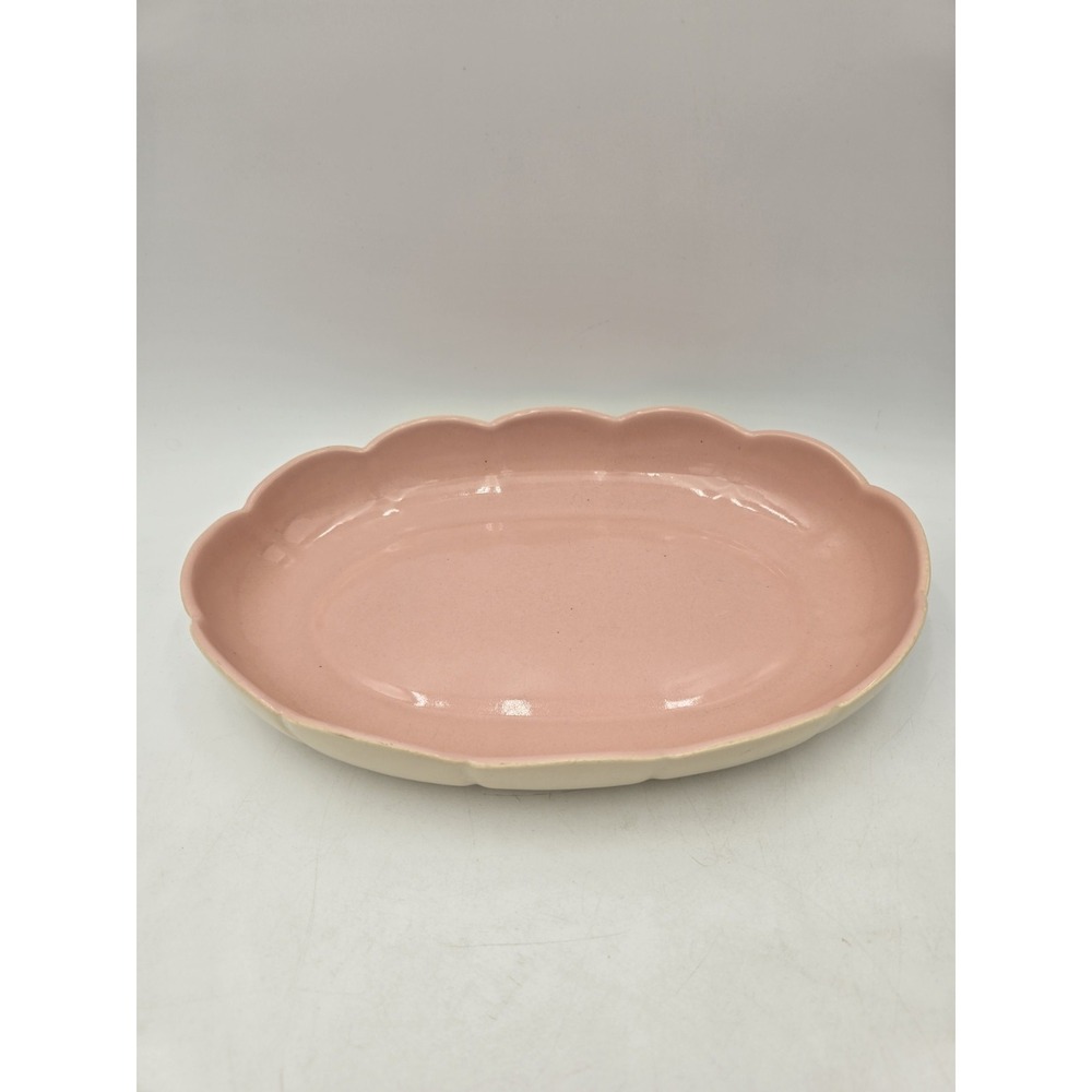 Vintage Los Angeles California Pottery Pink‎ & White Dish Scalloped Edge Oval